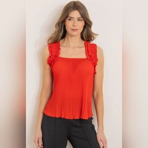 🍅NWT Liv Los Angeles "Pleated Ruffle Sleeves Semi Sheer Tank" Tomato Red🍅Large